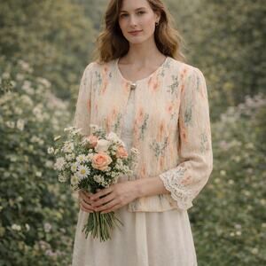 Vintage 90s Floral Pleated Jacket Lace Trim Sleeves Peach Womens M Easter